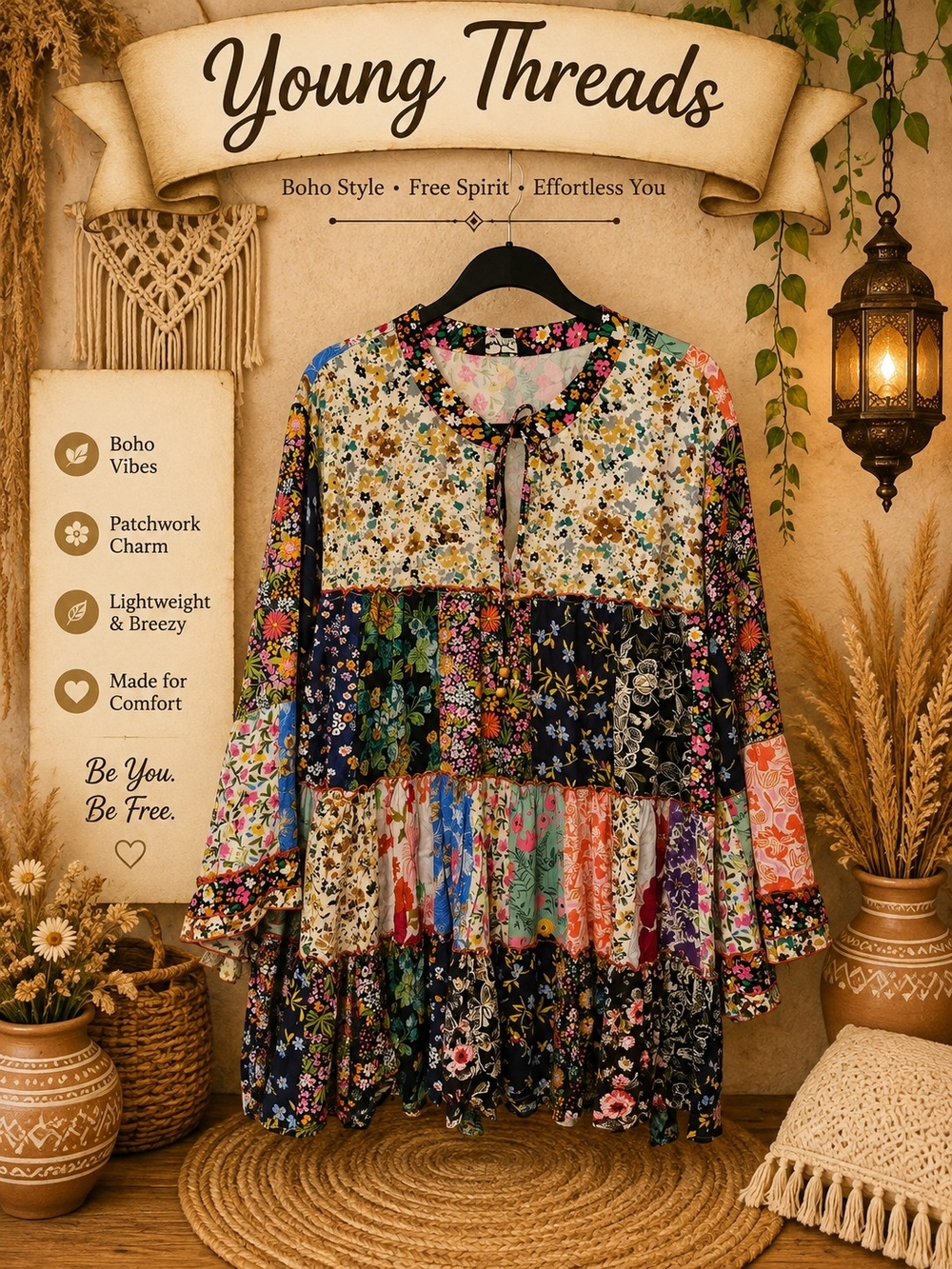 Young Threads Multicolor Patchwork Floral Boho Blouse